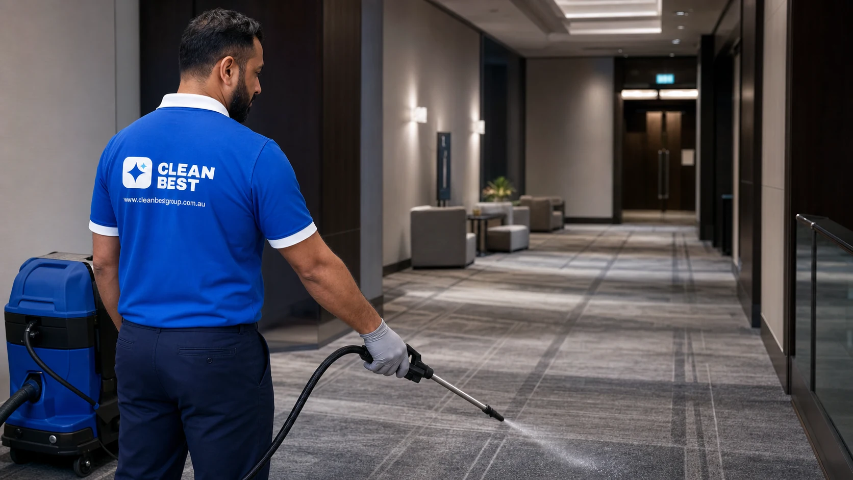 Clean Best technician extracting a traffic lane from waiting room carpet in Fairfield NSW