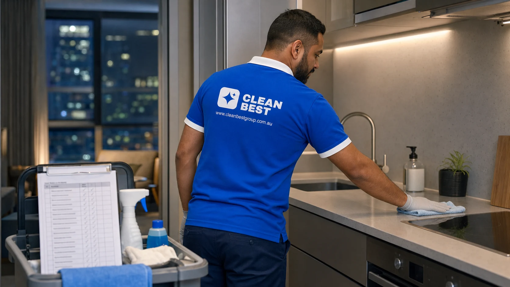 Clean Best cleaner working through the kitchen of a home in Fairfield NSW