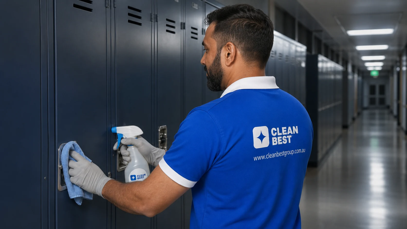 Clean Best cleaner mopping a classroom floor at a school in Fairfield NSW